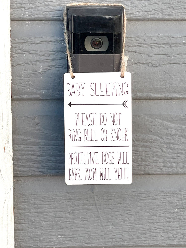 Baby sleeping do not ring bell or knock door sign / Ring doorbell sign / Protective dogs will bark, mom will yell! / Small hanging wood sign