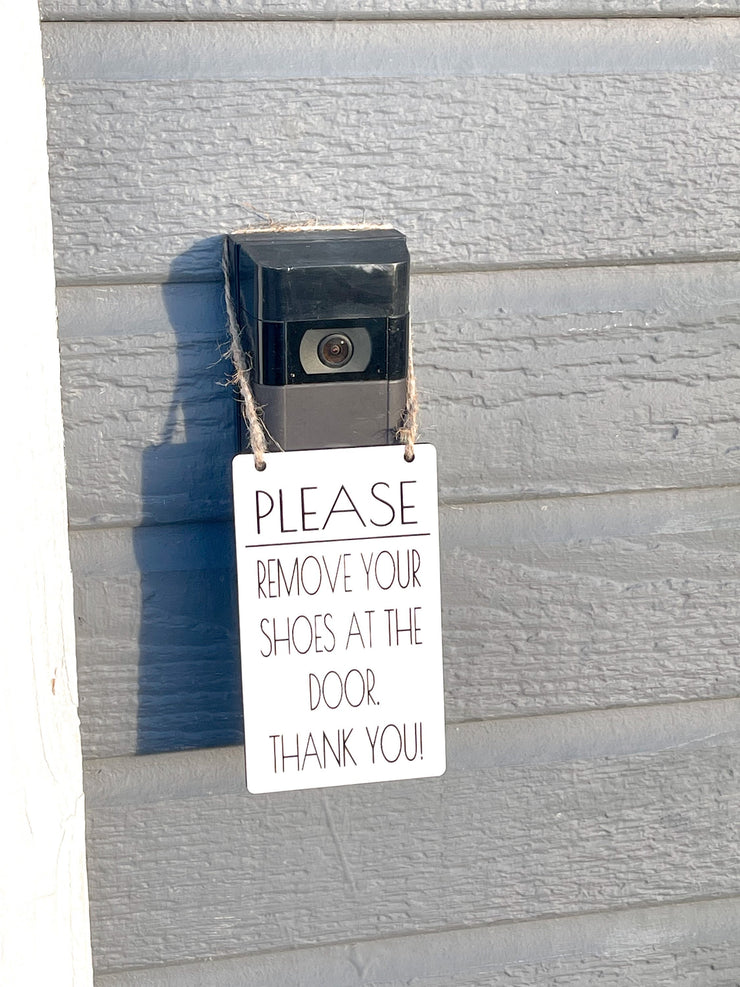 Please remove your shoes at the door. Thank you! / Front doorbell hanging small sign / Wooden engraved front door remove your shoes sign