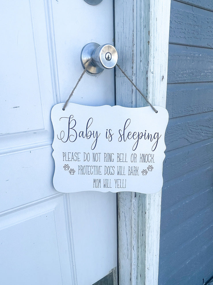 Sh Baby is sleeping hanging front door sign / Outdoor porch do not knock sign / Protective dogs will bark baby will wake / New mom gift