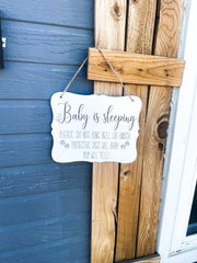 Sh Baby is sleeping hanging front door sign / Outdoor porch do not knock sign / Protective dogs will bark baby will wake / New mom gift