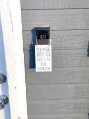 Please remove your shoes at the door. Thank you! / Front doorbell hanging small sign / Wooden engraved front door remove your shoes sign