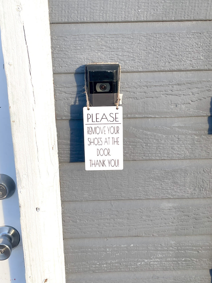 Please remove your shoes at the door. Thank you! / Front doorbell hanging small sign / Wooden engraved front door remove your shoes sign