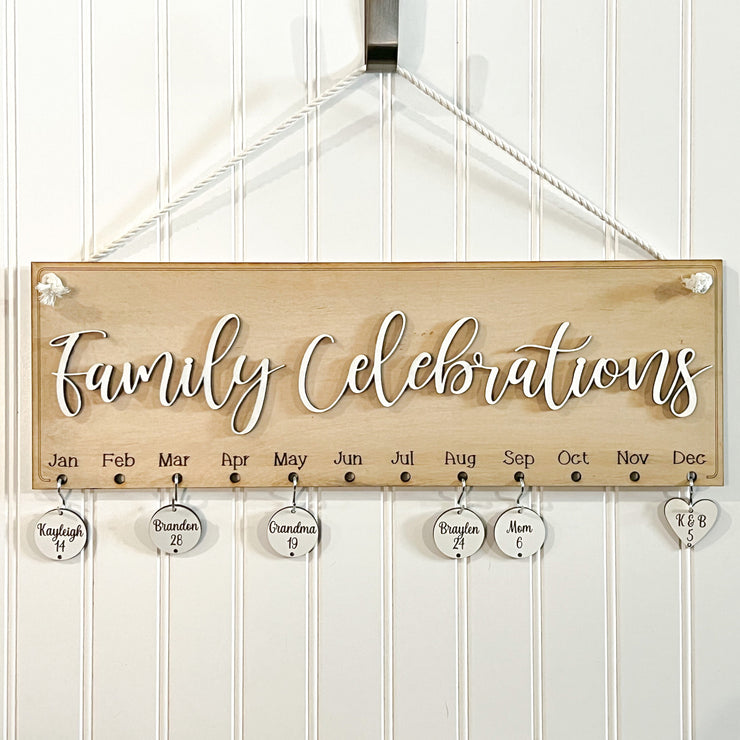 Family Celebrations hanging sign / Family Birthdays & Anniversary chip sign / Personalized 3D engraved family sign with birthday chips