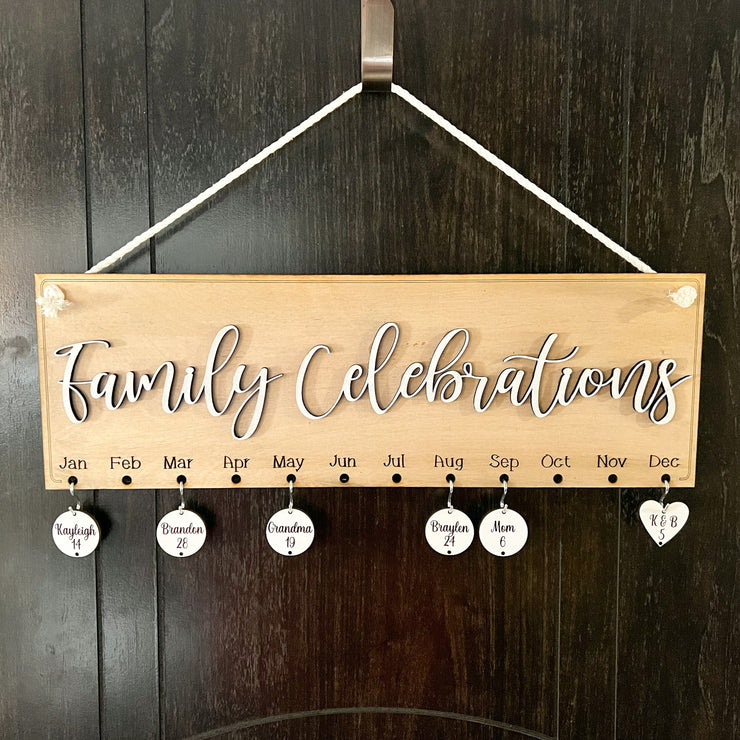 Family Celebrations hanging sign / Family Birthdays & Anniversary chip sign / Personalized 3D engraved family sign with birthday chips