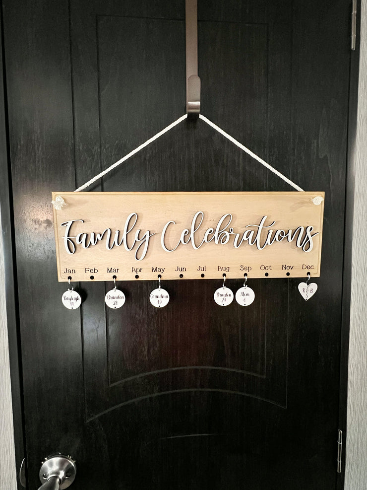 Family Celebrations hanging sign / Family Birthdays & Anniversary chip sign / Personalized 3D engraved family sign with birthday chips