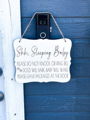 Shh Baby sleeping door sign / Do not knock sign / Dogs will bark baby will wake / Baby shower , New mom gift / Ring doorbell hanging sign