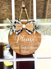 Please No Soliciting. Friends, Family and Amazon Welcome. Front Door Hanging Wood Sign. Round Greenery Door Sign with Burlap & Checkered Bow