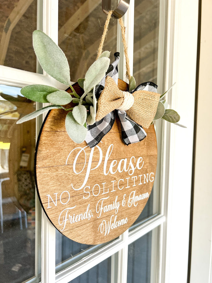 Please No Soliciting. Friends, Family and Amazon Welcome. Front Door Hanging Wood Sign. Round Greenery Door Sign with Burlap & Checkered Bow