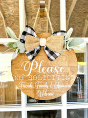 Please No Soliciting. Friends, Family and Amazon Welcome. Front Door Hanging Wood Sign. Round Greenery Door Sign with Burlap & Checkered Bow
