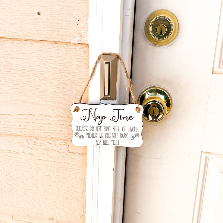 Nap time do not ring bell or knock door sign / Ring doorbell sign / Protective dogs will bark, mom will yell! / Small hanging wood sign