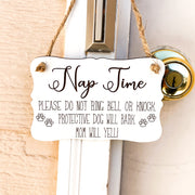 Nap time do not ring bell or knock door sign / Ring doorbell sign / Protective dogs will bark, mom will yell! / Small hanging wood sign
