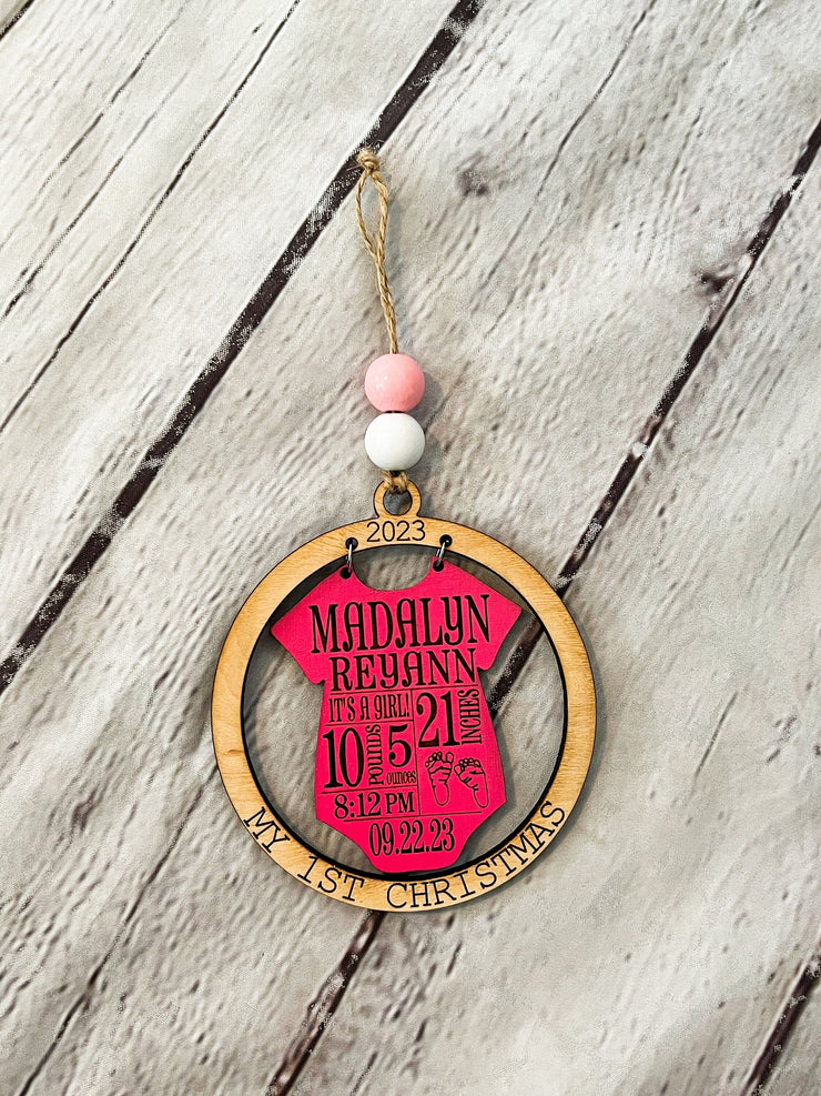 Babys First Christmas Ornament 2023 / Baby Birth Announcement Wooden Engraved Ornament / Newborn Baby Birth Stats / New Mom Christmas Gift