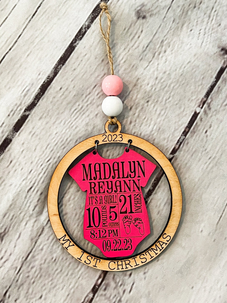 Babys First Christmas Ornament 2023 / Baby Birth Announcement Wooden Engraved Ornament / Newborn Baby Birth Stats / New Mom Christmas Gift