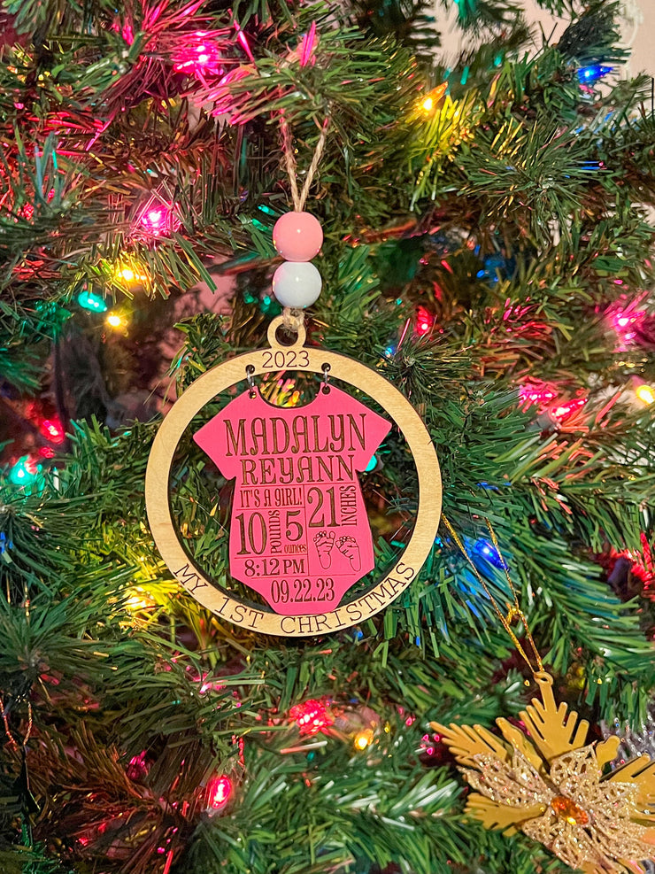 Babys First Christmas Ornament 2023 / Baby Birth Announcement Wooden Engraved Ornament / Newborn Baby Birth Stats / New Mom Christmas Gift