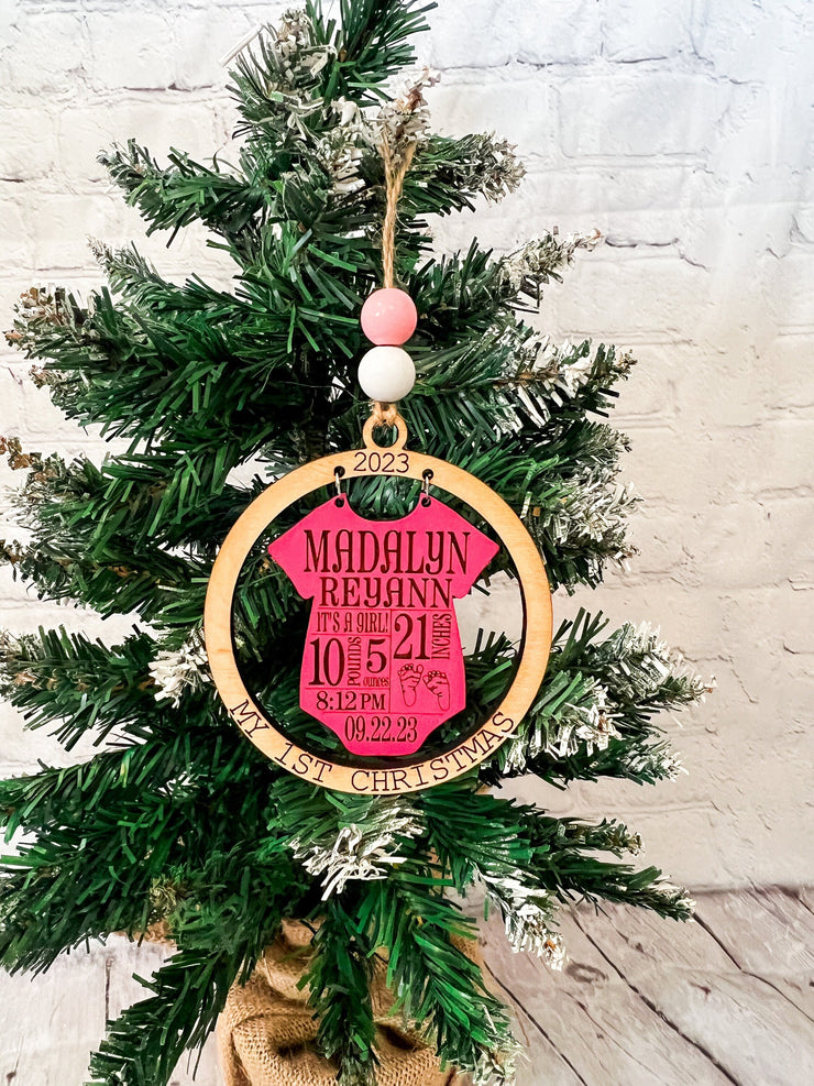 Babys First Christmas Ornament 2023 / Baby Birth Announcement Wooden Engraved Ornament / Newborn Baby Birth Stats / New Mom Christmas Gift