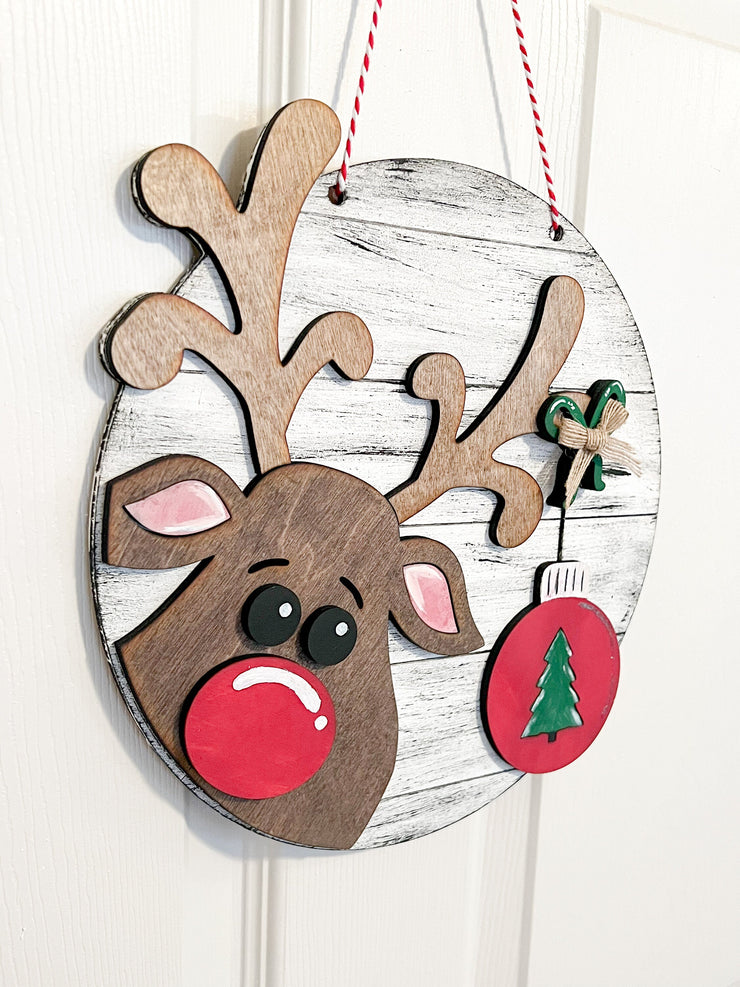 Reindeer Christmas Door Hanger / Rudolph Xmas Front Porch Decor / Wooden door hanger