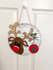Reindeer Christmas Door Hanger / Rudolph Xmas Front Porch Decor / Wooden door hanger